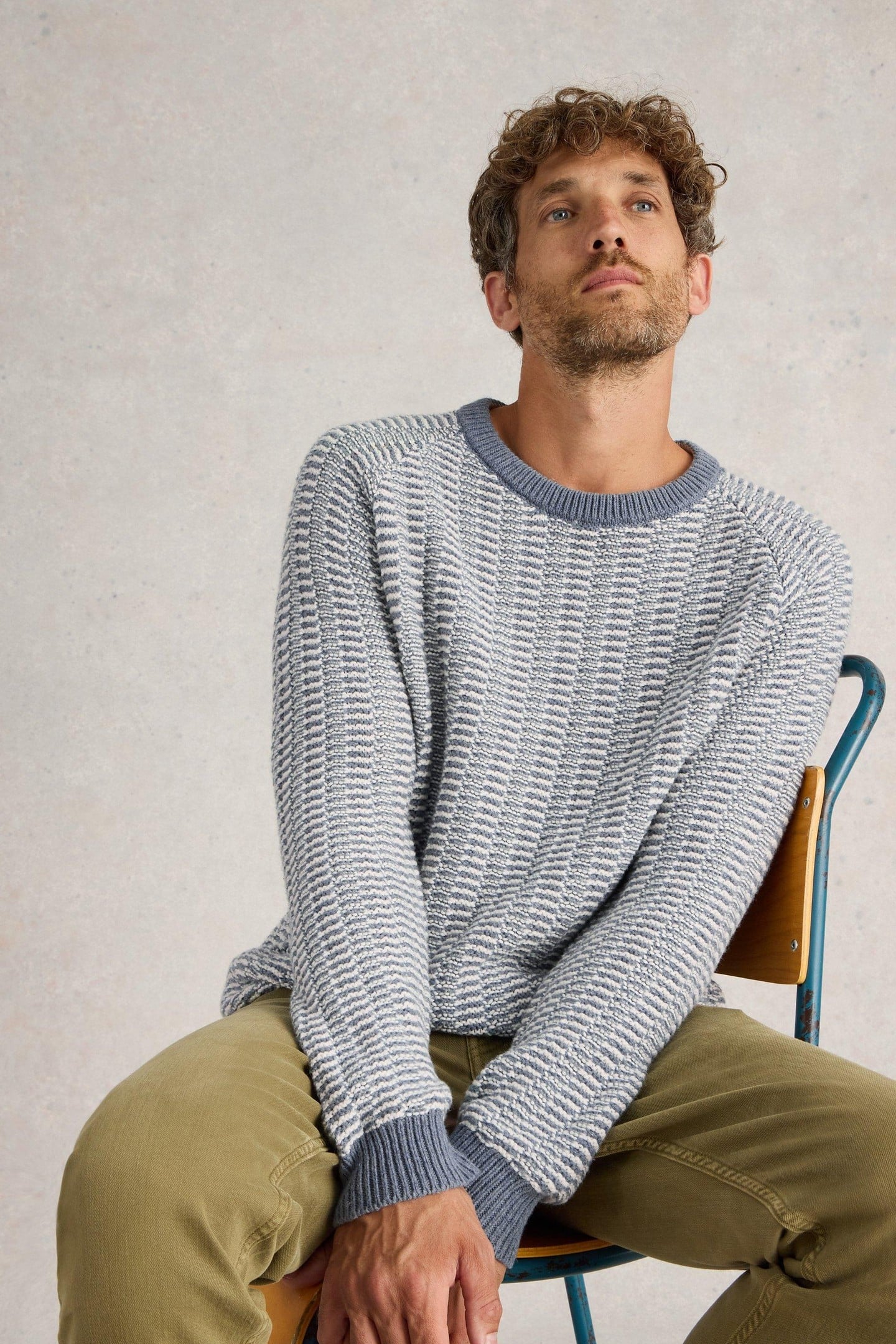 White Stuff Textured Crew Neck Jumper Blue Multi Maat: XL | Sweaters Outlet | Heren | Blauw