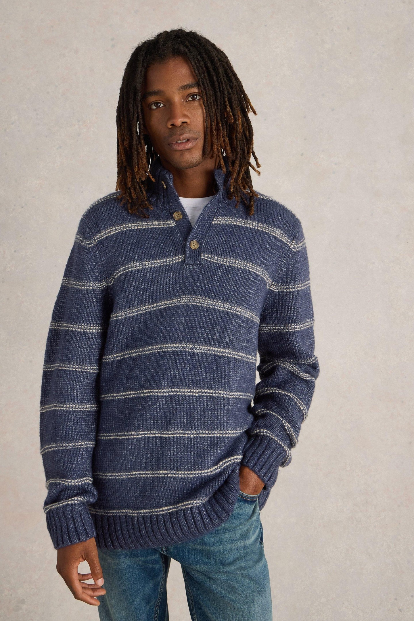 BRETON STRIPE BUTTON NECK NAVY MULTI 1