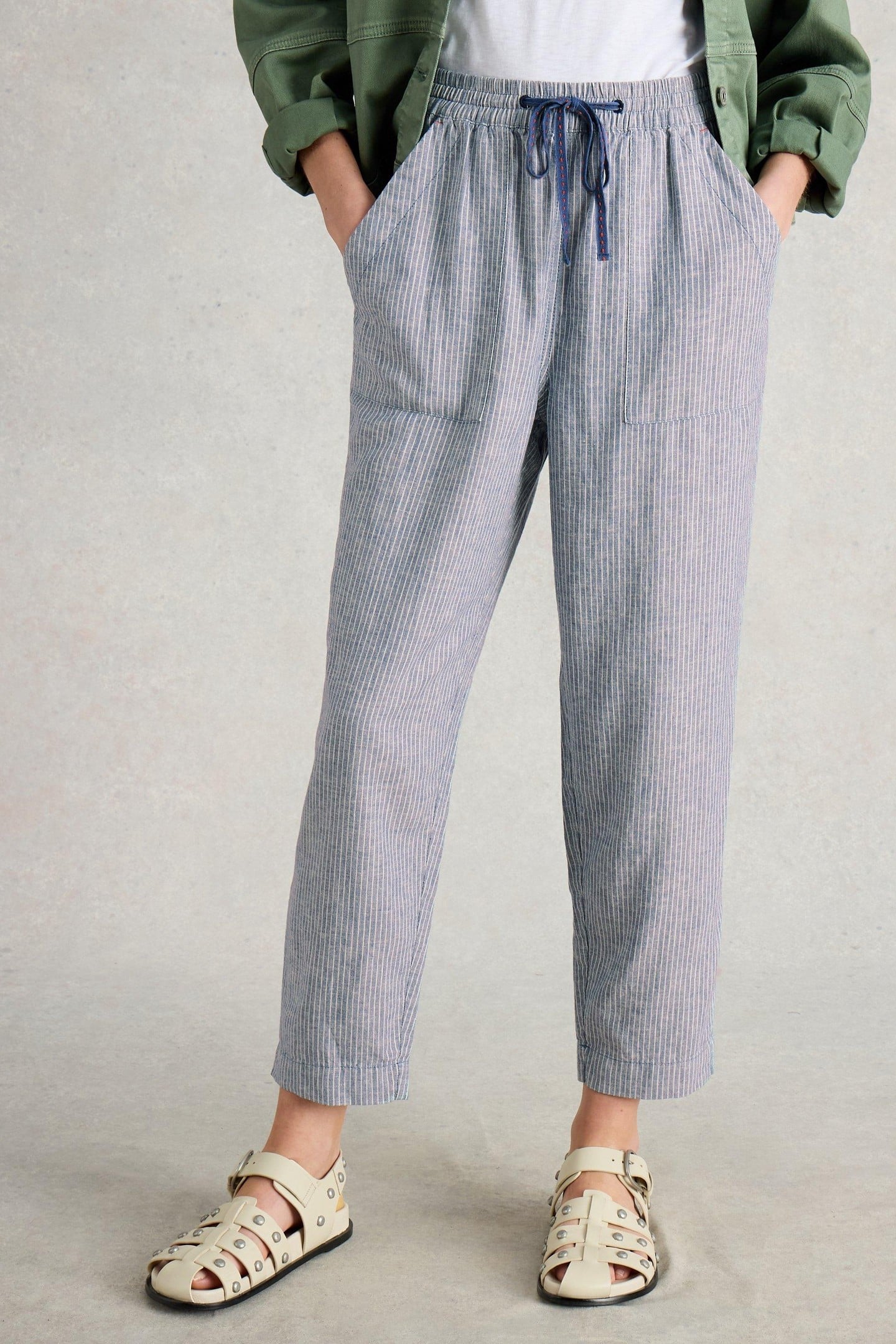 White Stuff Elle Linen Blend Trouser Blue Multi Maat: 18 LONG | Straight Broeken Outlet | Dames | Blauw
