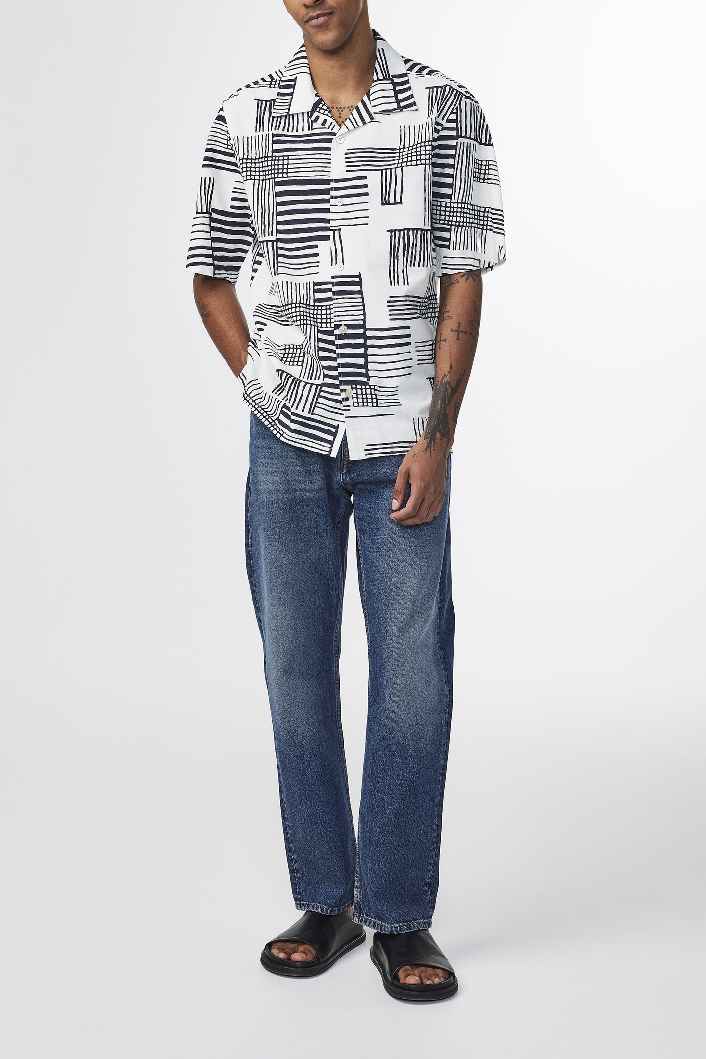 NN.07 Ole Ss Shirt 5210 Black Print Maat: S | Casual Overhemden Outlet | Heren | Zwart